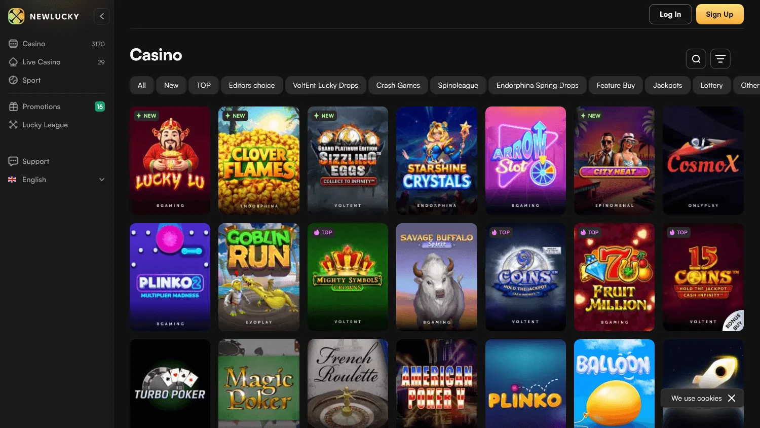 Newlucky Casino games lobby on desktop