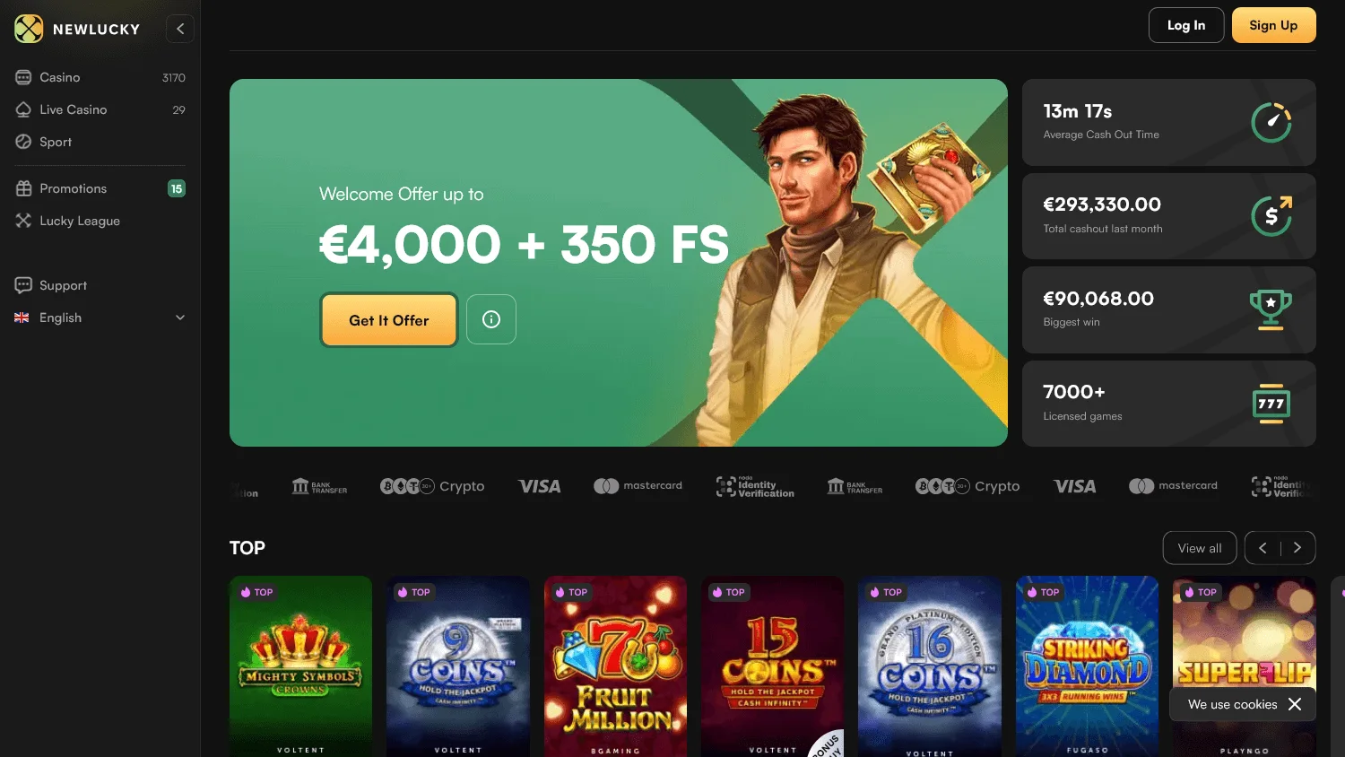 Newlucky Casino home screen on desktop