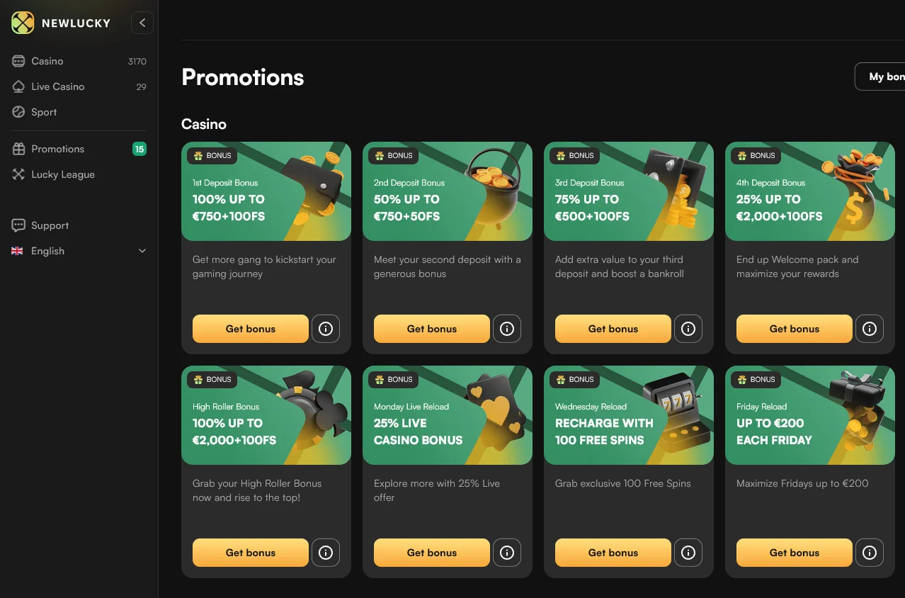 Newlucky Casino promotions area on desktop